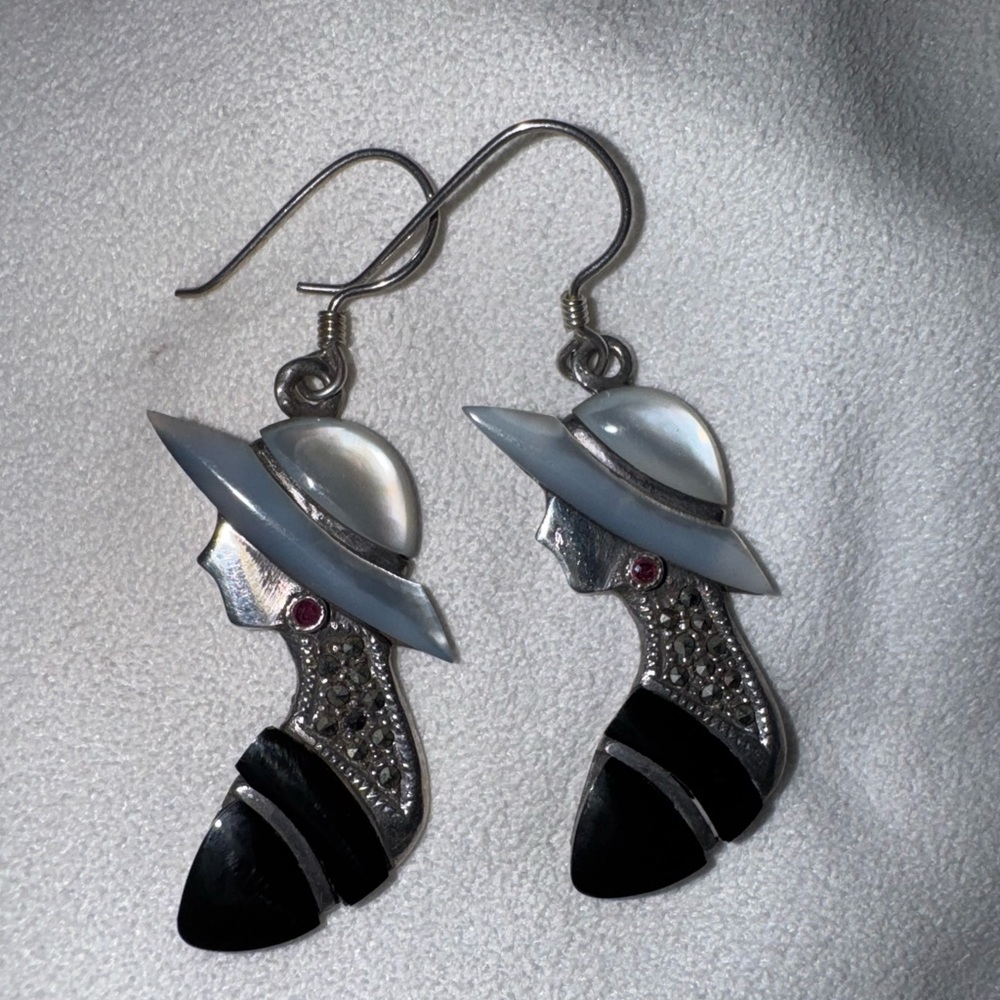 Vintage CHAPAL-ZENRAY Silver Ruby, MOP, Onyx and Marcasite Earrings 6.6g